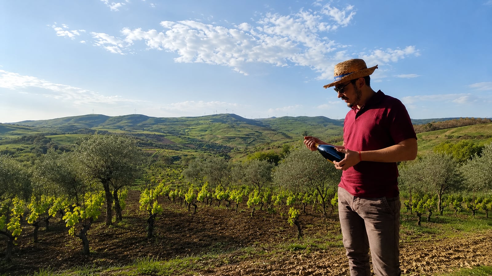 Il vignaiolo di Francesco Loi tra i filari della vigna con una bottiglia, le colline delle Madonie sullo sfondo.