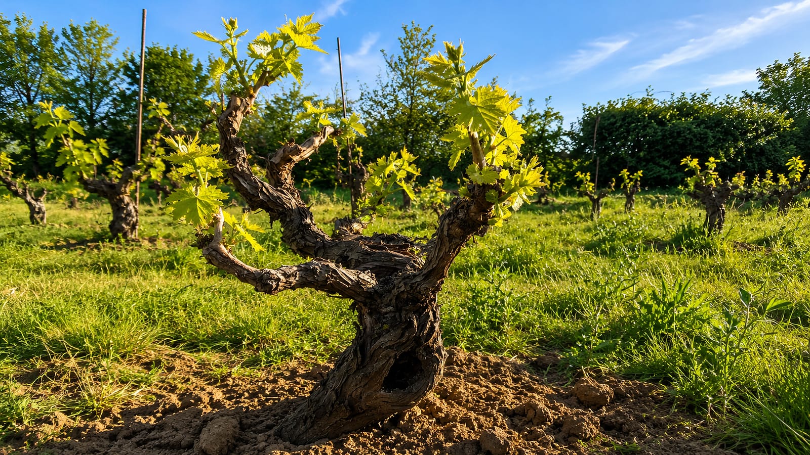 Un vecchio alberello di vite con i germogli primaverili nella vigna di Valledolmo, sotto il cielo.